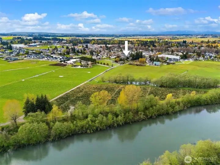 The Nooksack river flows just beyond the pastureland opposite the home.