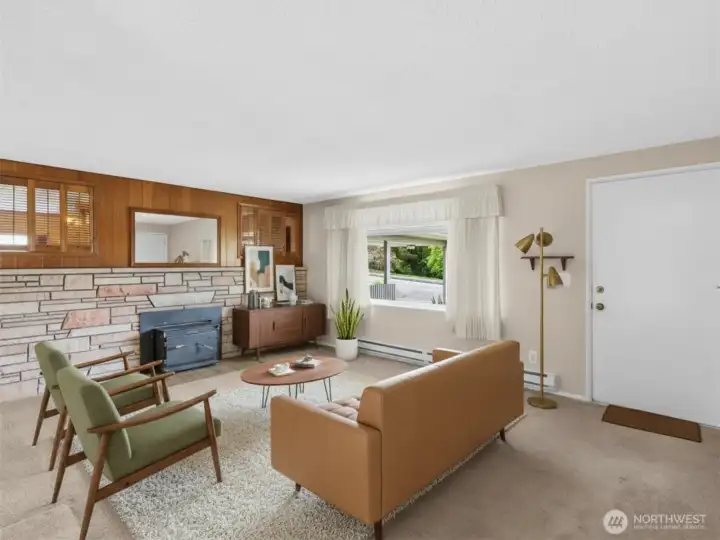 Living Room with Cozy Wood FP- Virtually Staged