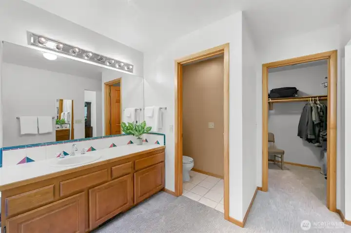Primary bathroom with water closet and walk in clothes closet