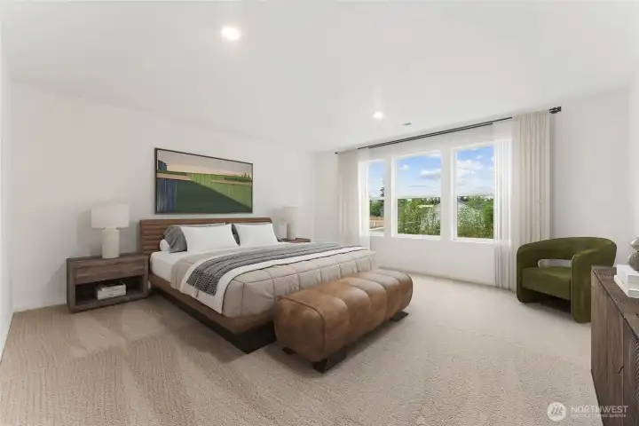 Large primary bedroom that easily fits a king size bed with huge windows.  Picture for representational purposes only, colors and features may vary.