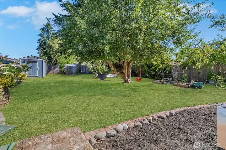 Grass enhanced in this huge backyard with fruit trees and native plants! Grass enhanced in this huge backyard with fruit trees and native plants!