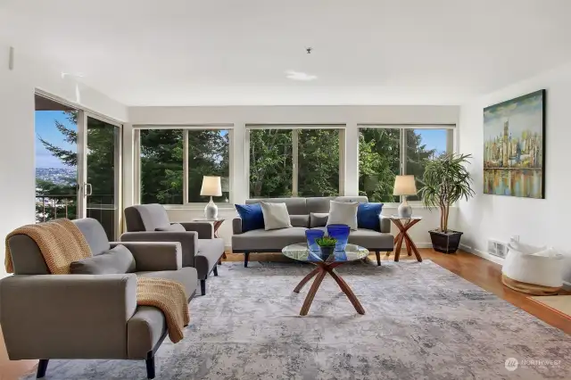 Living room with a wall of windows for abundant natural light.