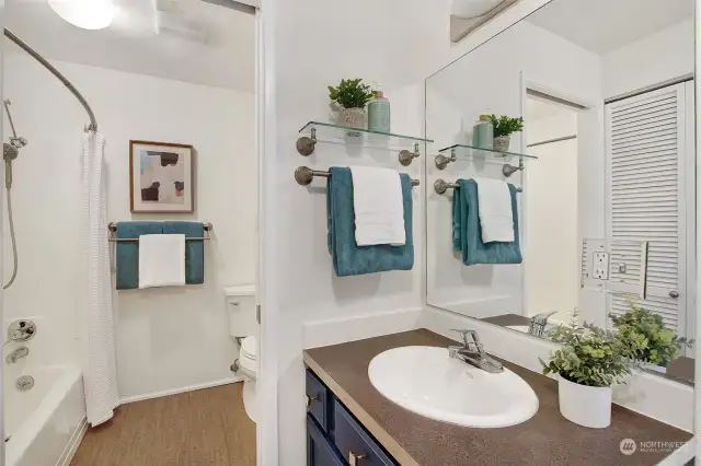 Bathroom with separation door to shower/tub and toilet.