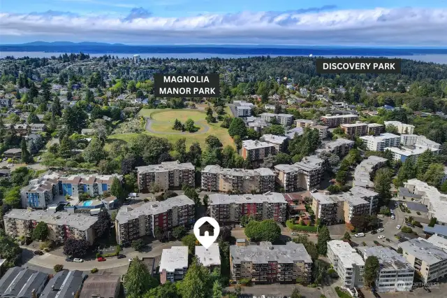 View to the West with Discovery Park and the closer Magnolia Manor park with off-leash dog park