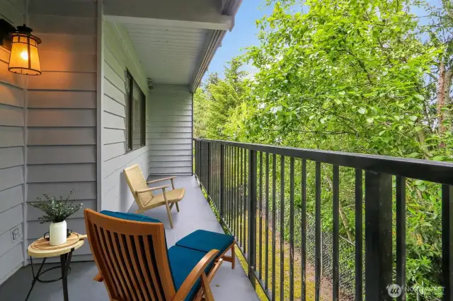 Extra long deck looking out to a natural setting. This is a serene space and nice retreat! Virtual Staging.