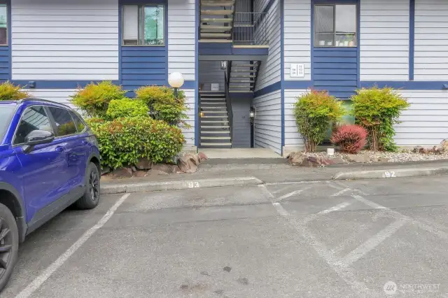 Parking spot 93 is right up front. Unit is straight ahead with just a few small steps down, then all one level living