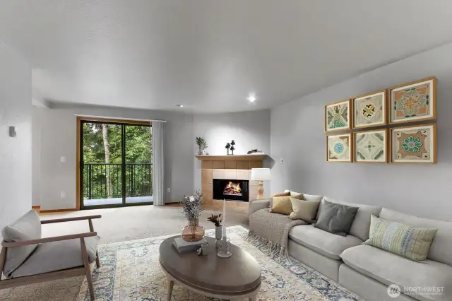 Living room with cozy corner fireplace and tree lined views. This room is virtually staged.