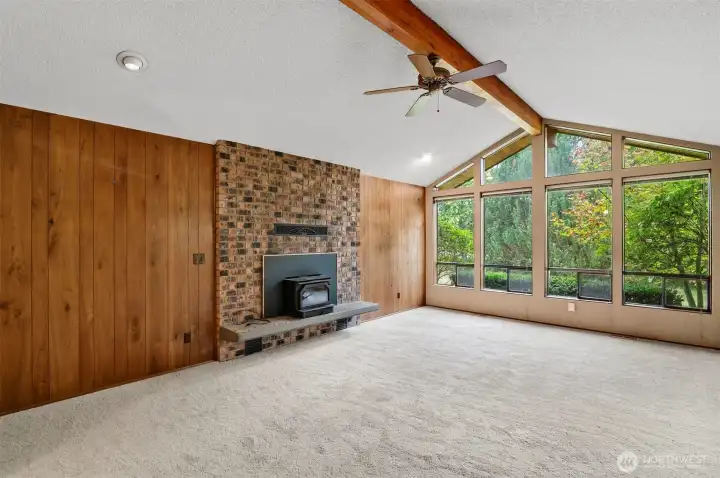 Bright living room with vaulted ceiling! Stay warm with the fire place insert!