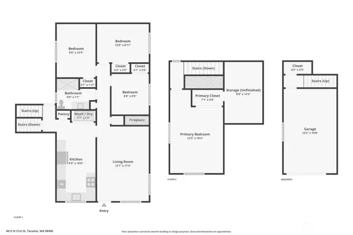 Detailed floor plan for 4612 N 21st St, Tacoma, WA — showcasing the home’s multi-level layout including three main-level bedrooms, updated kitchen, spacious living room with fireplace, full bathroom, laundry area, and pantry. Upper level features a large primary bedroom with walk-in closet and additional storage space. Basement level includes garage access and extra closet storage. This North Tacoma home offers a functional, well-designed floor plan with flexible living spaces.