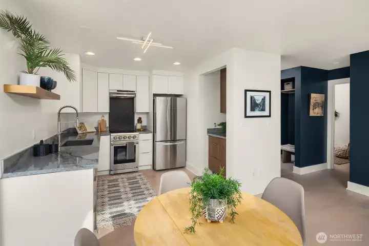 Re-designed kitchen provides plentiful counter space and storage with room for an island if desired