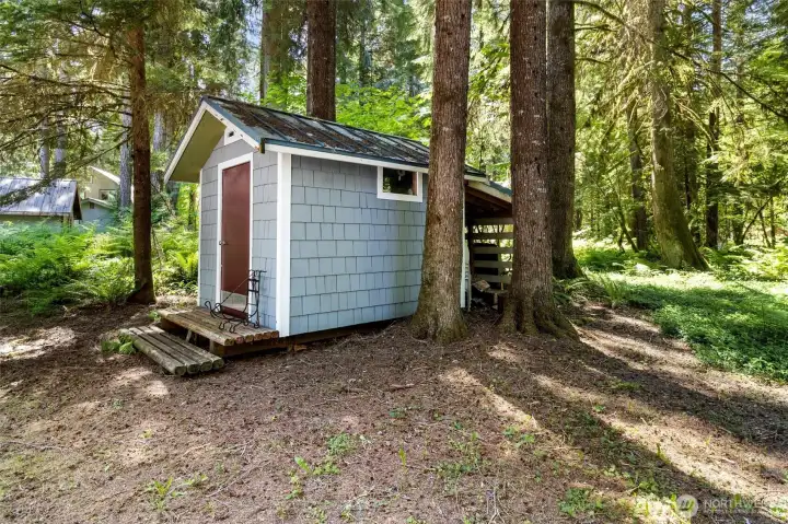 Handy outdoor storage shed for tools, skis, and adventure gear.