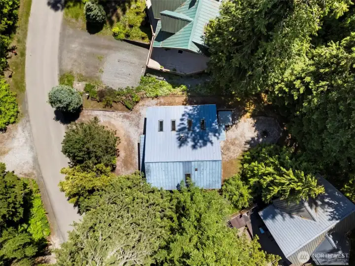 Aerial view of the cabin and roofline nestled among evergreens.