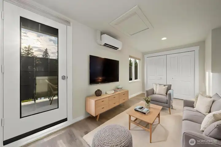 Flexible space, virtually staged, with storage.