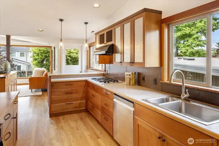 The custom kitchen has utility and style.