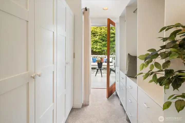 Through the closet area allow for access to the back deck.