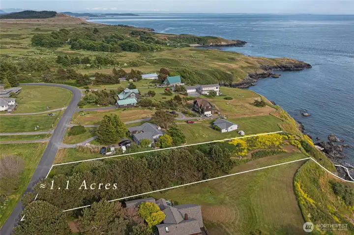 Aerial view of this ±1.1 acre San Juan Island waterfront parcel with outlined boundaries, south-facing exposure, and sweeping views over Haro Strait.