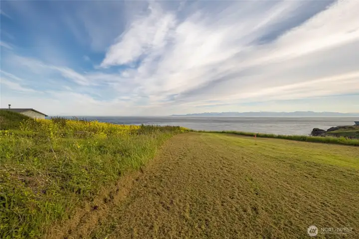 Level grassy area offers a beautiful setting to envision future outdoor living with sweeping water and Olympic Mountain views.
