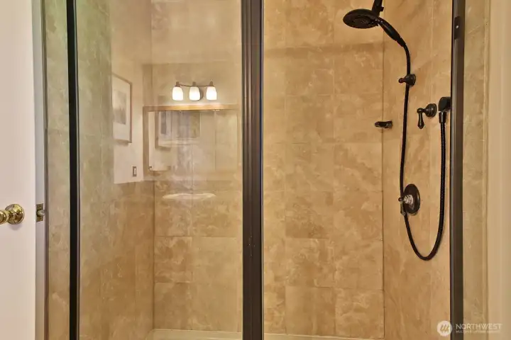 Large walk in shower in the lower level 3/4 bath.