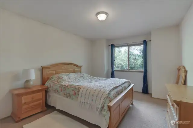 Primary bedroom looks out onto trees, and is so peaceful and quiet. Very relaxing primary suite, with the two extra bedrooms located in the front of the home.