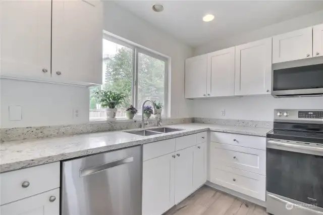 Big window over the sink lets in lots of natural light & looks out over the private backyard