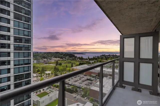 Deck with captivating view of park, lake, sunset and downtown Seattle to the west.