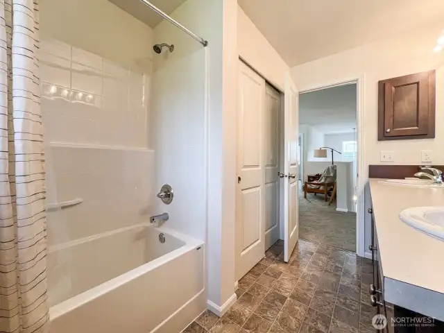 The upstairs full bath also features a large closet with built in shelving for fantastic storage and organization. Another large closet is located directly to the right of the full bath!