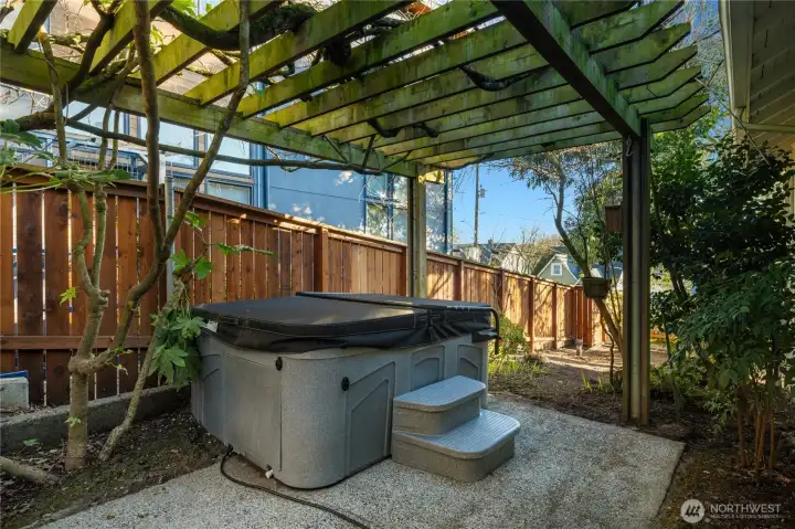 wisteria covers the arbor, covers the hot tub...a perfect setting.