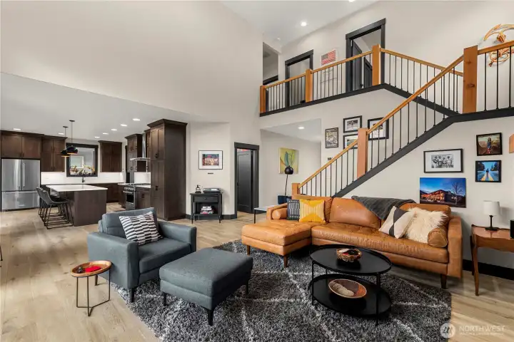 Living Room, Custom Railing, Tall Ceilings