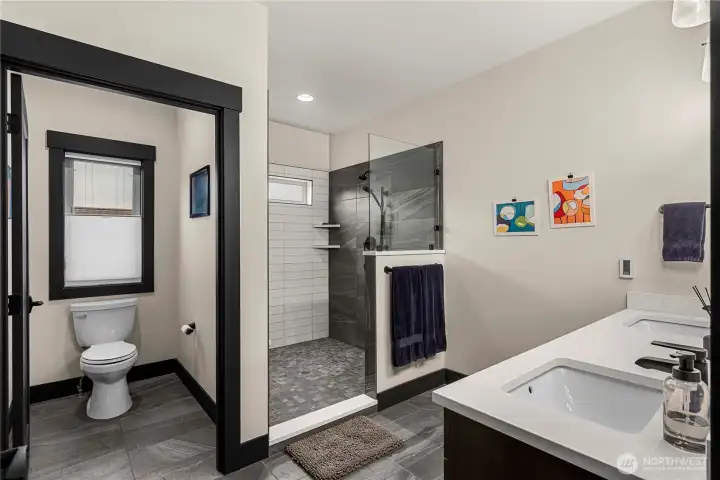 Primary Bath, heated floors, oversized shower, dual vanity