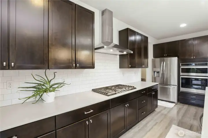 Gas range, subway tile backsplash, overhead fan hood.