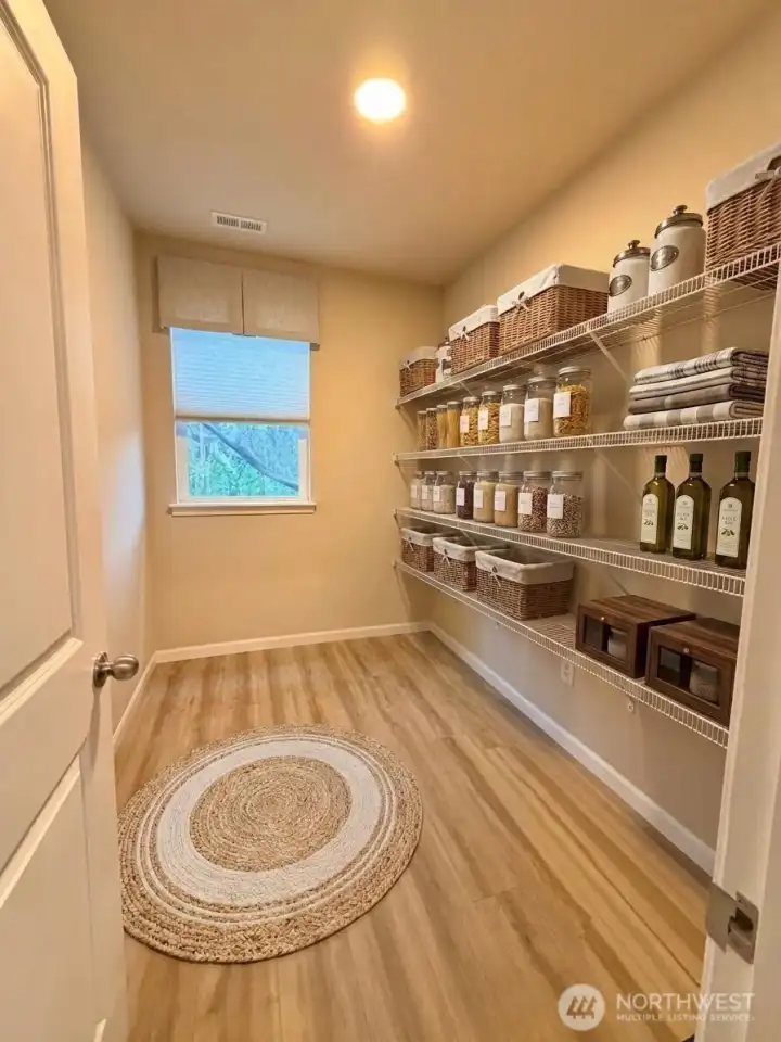 Enjoy abundant storage in this incredible walk-in pantry! (window valance and personal items are digitally staged)