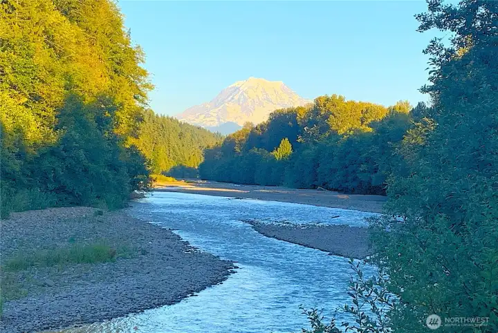 Beautiful Mt Rainier & view from the Carbon River walking & biking trail access through Rivers Edge.