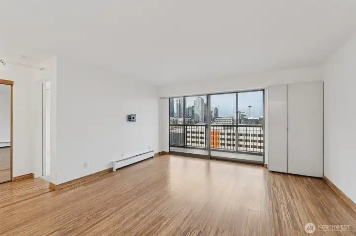 Thru the glass of the balcony.