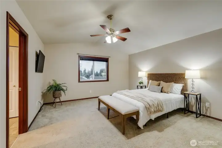 Your vaulted ceiling really allows you to feel the size of this space, TV mount to Stay