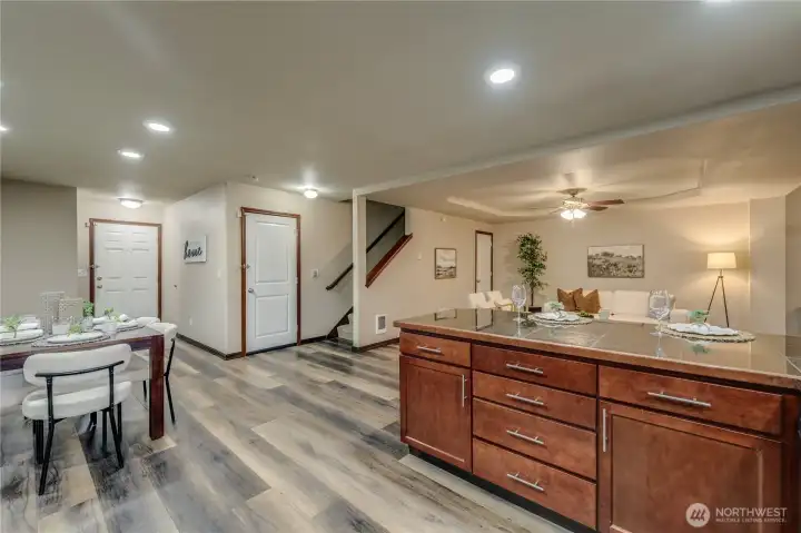 Note the short trip from your attached garage - door at the bottom of the stairs, to your Bountiful Storage in the kitchen,