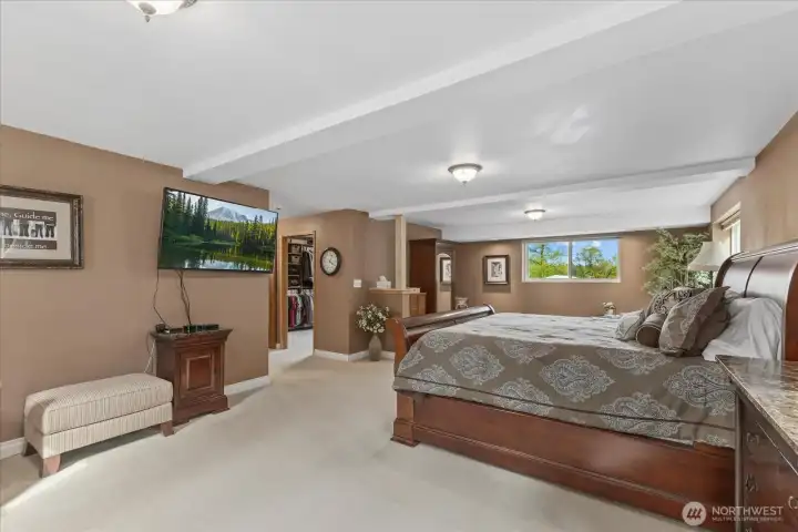 Generous lower-level primary suite with walk-in closet & private ¾ bath