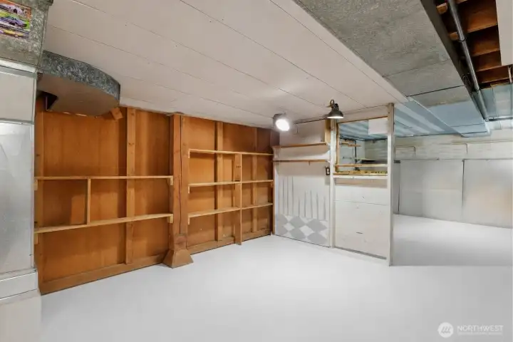 Unfinished basement with shelving and endless possibilities for expansion.