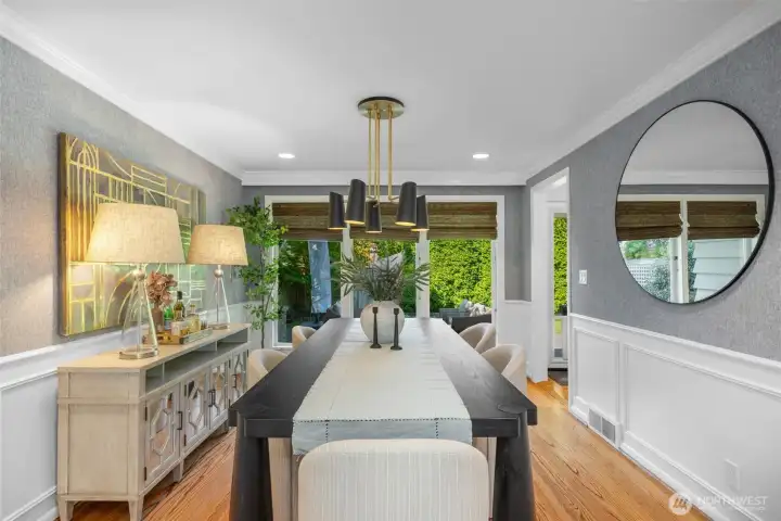 Stylish wallpaper complements the custom lightfixtures and custom window coverings Stylish wallpaper complements the custom lightfixtures and custom window coverings