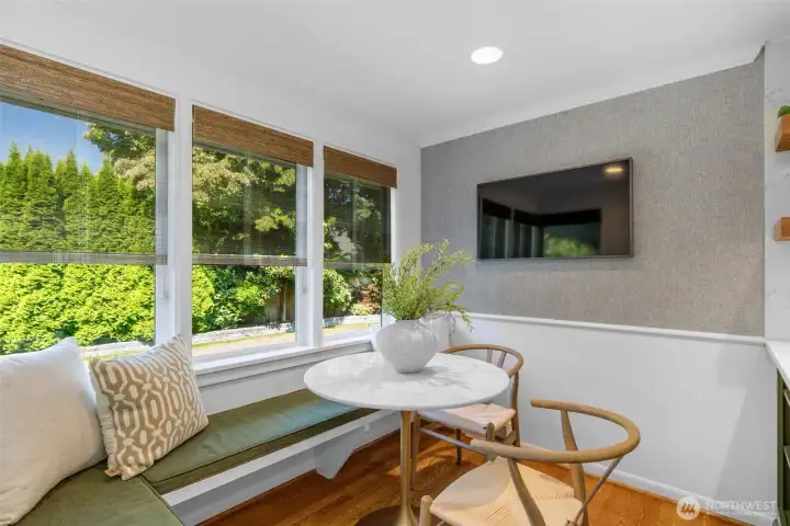 Built in bench seating looking out to the backyard. Built in bench seating looking out to the backyard.