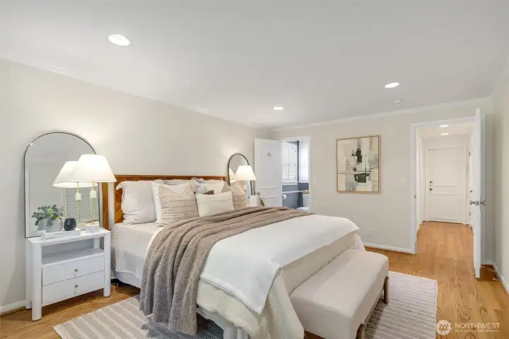 King sized primary bedroom on the main floor. King sized primary bedroom on the main floor.