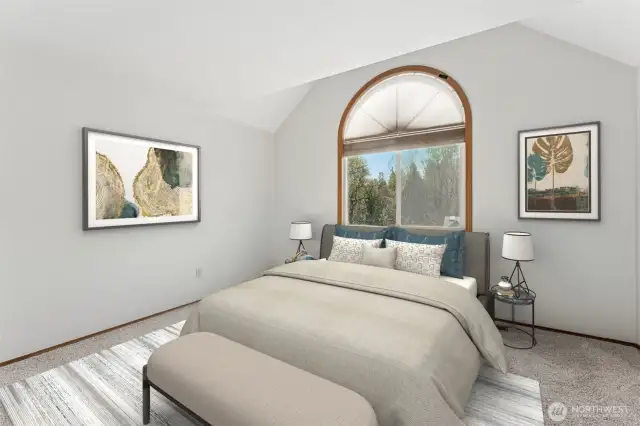 Virtually staged. This bedroom has a Palladian window which offers respite at the end of the day.