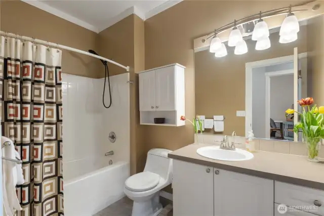 Walking down the Hall way you'll find the Second Bathroom to your right with classy features, nice lighting, extra storage over toilet, & a large Bath with corded, or hand held Shower head for thorough rinsing.