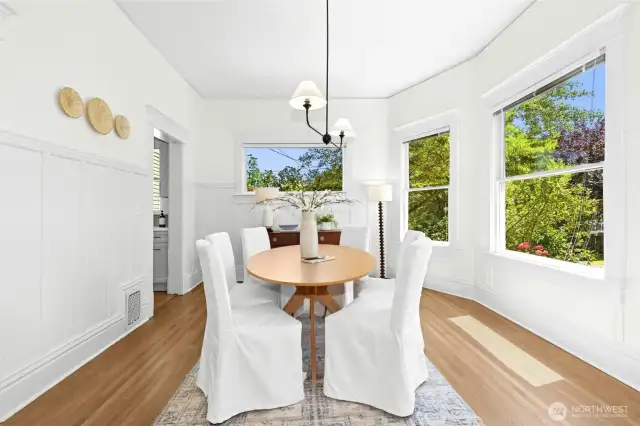 Pocket doors separate the living and dining rooms.