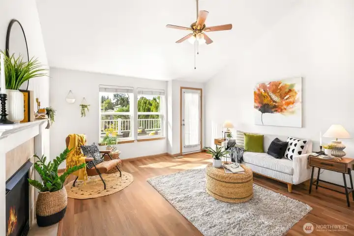Living room with vaulted ceilings.