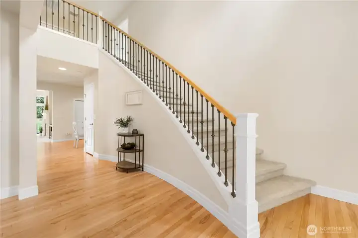This grand staircase is open to the lower level and beautifully updated with iron balusters.