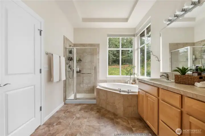 Primary bathroom with tile shower and large soaker tub.