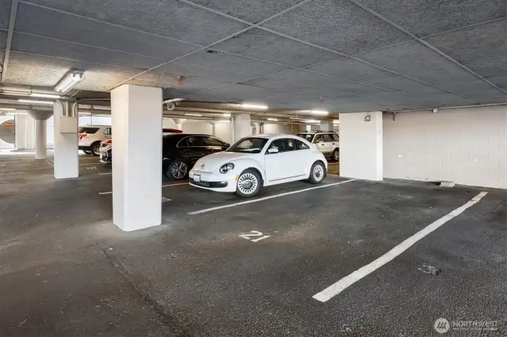 The parking spot, #21, is in a prime location in the secure garage right by the elevator.