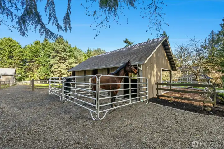 The detached two-stall barn is thoughtfully equipped with matted stalls (approx. 8.5' x 12'), a tack room, and a convenient loft for storage. Added functionality includes hot water, supporting daily barn routines with comfort and ease in a beautifully set equestrian setting.