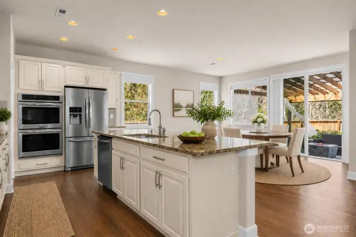 Virtually staged kitchen and dining space