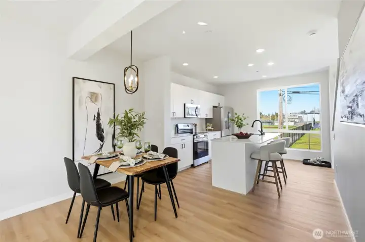 The spacious dining room can easily accommodate a bigger table for large gatherings.